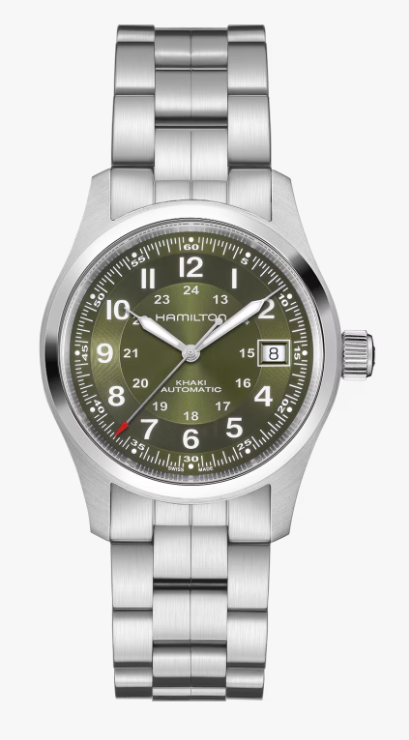Nieuwe KHAKI FIELD AUTO 38 MM met automatisch | 38 mm | H70455160. Geïnspireerd door het originele soldatenhorloge, combineert de Khaki Field Automatic militair erfgoed met eigentijds design en biedt veelzijdigheid voor moderne pioniers. Uitgerust met een exclusieve H-10 automatische kaliber die tot 80 uur gangreserve biedt.