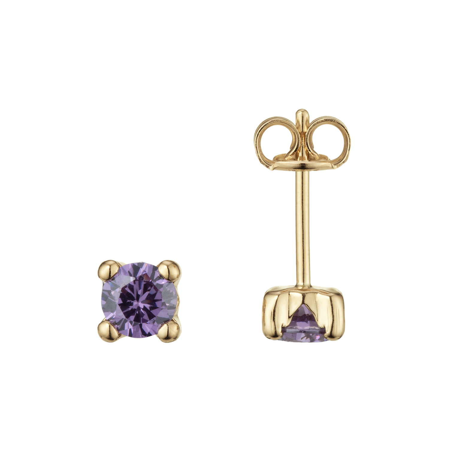 14k Geelgouden oorknoppen met een synthetische amethyst, deze is gezet in een chaton met vier zetpoten
