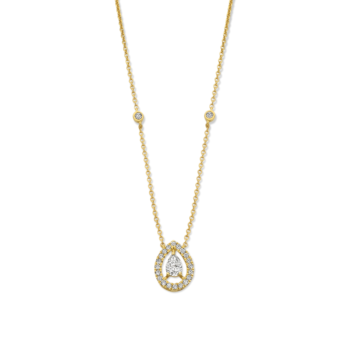 Deze 18kt geelgouden halsketting heeft een peervormige diamant van 0,14ct en 22 briljante diamanten van 0,12ct. Een verfijnd accessoire, perfect voor zowel alledaagse als formele gelegenheden. Draag het om je outfit elegantie en glans te geven.