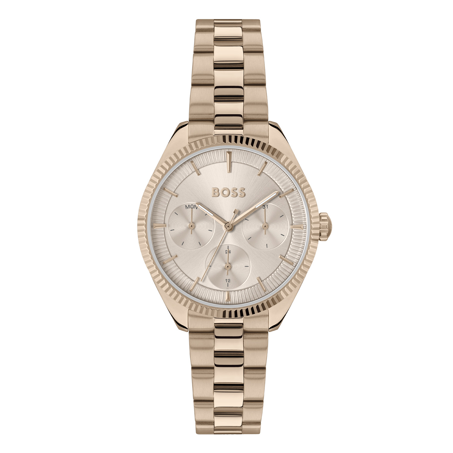 BOSS is voor degenen die een zelfbepaald leven leiden met stijl, passie en doel.

BOSS HB1502801 SAGE SPORT Dameshorloge 34mm
Dit BOSS horloge uit de SAGE SPORT serie met artikelnr: HB1502801 heeft een luxe uitstraling. Zeer geschikt voor de moderne stijlvolle vrouw van nu. Het dameshorloge valt op door zijn stalen beige horlogekast met een gekartelde bezel en een beige sunray wijzerplaat met een dag,- datum,- en 24-uursaanduiding. De wijzers en uurstrepen zijn fijn gefaceteerd. Aan de kast zit een stalen beige schakelband met een vouwsluiting. Het horloge heeft een doorsnee van 34mm een mineraalglas en is 3ATM. 

HET MERK:
HUGO BOSS is afgestemd op levensstijlen waar het gaat om kwaliteit en precisie. Het wereldwijde fashionlabel is verdeeld in twee merken: BOSS en HUGO. Het merk BOSS biedt geavanceerde, moderne horloges gericht op kwaliteit en design om een onberispelijke look te creëren – of het nu zakelijk, casual of sportief is. De horloge collectie van BOSS is perfect afgestemd op levensstijlen waar het gaat om kwaliteit en precisie. BOSS is op maat gemaakt in een onberispelijke stijl.

Blijf stijlvol bij de tijd. Voor de BOSS-vrouw is stijl het handelsmerk en draait alles om
details. Breng uw look naar een hoger niveau met onze nieuwe en kenmerkende horlogecollectie.

SPECIFICATIES:
- Mineraalglas
- Ronde kastvorm, Ø 34mm
- Stalen horlogekast
- Beige wijzerplaat
- Stalen schakelband
- 3ATM