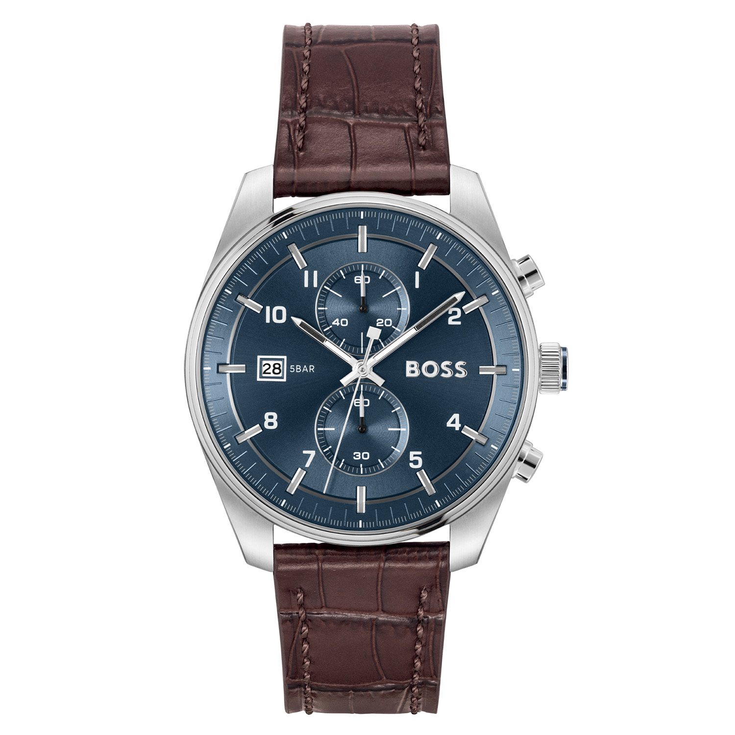 Boss horloge met lederen band, Skytraveller staal/blauw+bruin leer