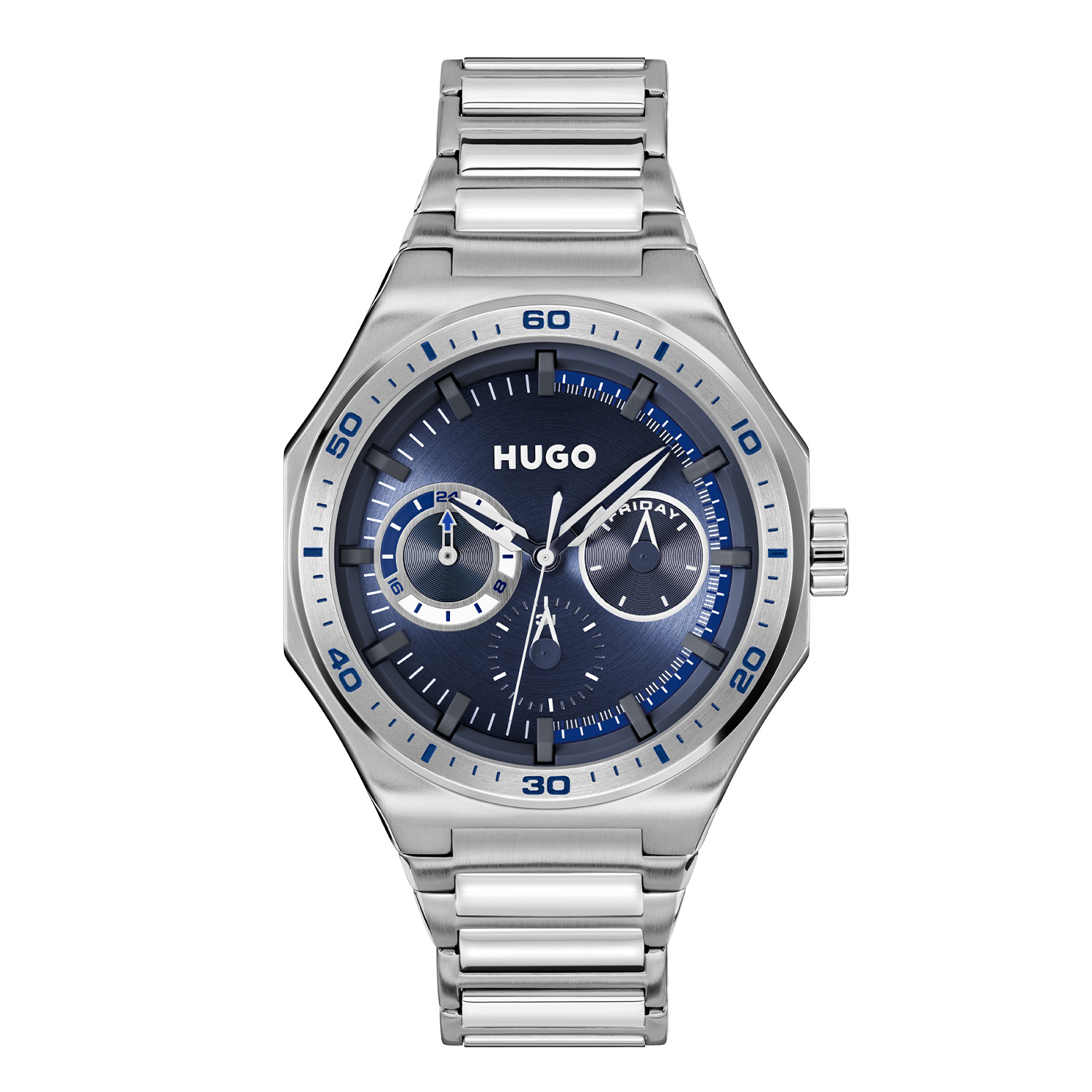 HUGO HU1530400 #GRAIL SPORT 44mm
Dit HUGO horloge uit de GAIL SPORT serie met artikelnr. HU1530400 is ontworpen voor de man met durf en die volledig zichzelf is in zijn eigen unieke stijl. Het herenhorloge kenmerkt zich door zijn hoekige stalen horlogekast met bedrukte bezel. Het ontwerp is opvallend vanwege zijn stoere 'kijk mij nou eens' uitstaling en de wijzers met witte accenten op de blauwe geborstelde wijzerplaat. Het herenhorloge heeft een dag,- datum,- en 24-uursaanduiding. Aan de kast zit een stalen strak ogende schakelband met een vouwsluiting. Het sportief stoer ogende herenhorloge heeft een mineraalglas, een doorsnee van 44mm en is 5ATM.

HET MERK:
HUGO BOSS is afgestemd op levensstijlen waar het gaat om kwaliteit en precisie. Het wereldwijde fashionlabel is verdeeld in twee merken: BOSS en HUGO. Het merk HUGO presenteert eigentijdse en vooruitstrevende designs volgens de laatste fashion trends waarmee mensen worden gestimuleerd om zichzelf te zijn. Scherp maatwerk en casual horloges gecombineerd met een progressieve attitude. HUGO horloges zijn er voor de urban en ruimdenkende man die de leiding durft te nemen. De enige regel van de HUGO-man als het om stijl gaat: zijn authentieke zelf en niets anders.

Maak kennis met de nieuwe horlogecollectie van HUGO.

SPECIFICATIES:
- Mineraalglas
- Ronde kastvorm, Ø 44mm
- Stalen horlogekast
- Blauwe wijzerplaat
- Stalen schakelband
- 5ATM
