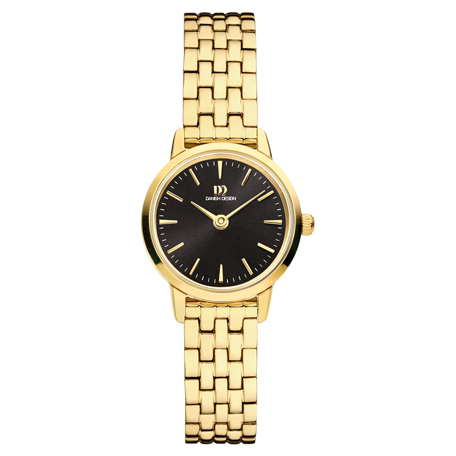 Dit stijlvolle DANISH DESIGN polshorloge, model IV99Q1268, voor dames beschikt over een ronde, gouden roestvrijstalen kast van 22mm met een zwarte wijzerplaat met streepjesindex. Het heeft een smalle gouden roestvrijstalen band van 10mm. Dit analoge horloge is waterbestendig (niveau 3) en nikkelvrij. Perfect te dragen bij elke chique of casual outfit.