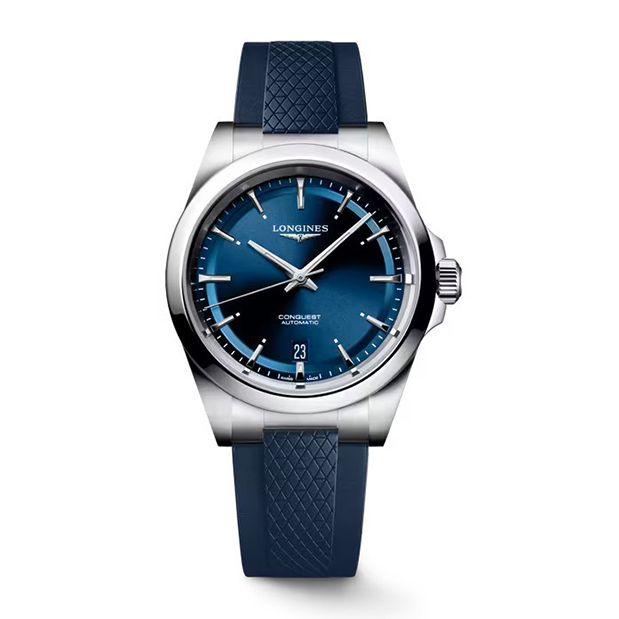 een polshorloge Longines model Conquest met een blauwe wijzerplaat en blauwe band