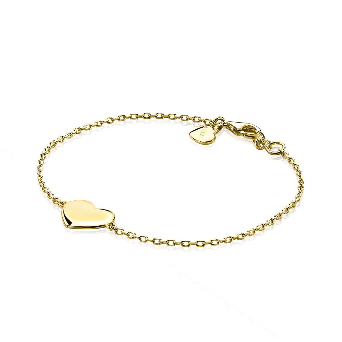 ZINZI gold plated zilveren armband met stevige anker-schakels en in het midden glanzend hart als plaatje. Het plaatje is 10mm. Mooi om een gravure in te zetten. Met herkenbaar Zinzi hartje bij de sluiting. De lengte is te vari&euml;ren tussen 17 en 20cm. De armband is vervaardigd van eerste gehalte zilver (925) en voorzien van een extra 14K geel vergulding.