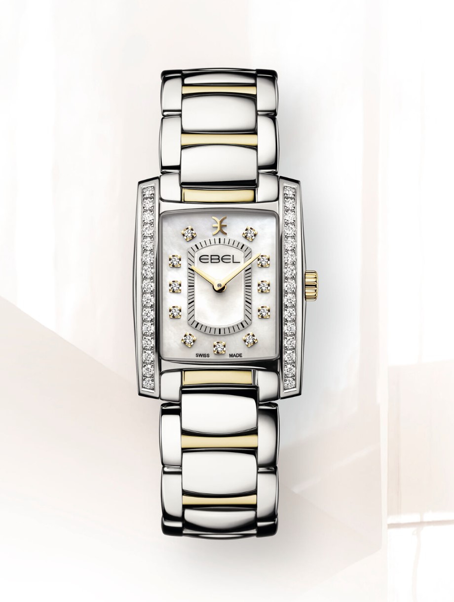 Brasilia, Stainless steel and 18K yellow gold case with 30 diamonds (0.480ct), 22.90mm wide, white mother-of-pearl dial with 11 diamonds (0.0715ct), sapphire crystal with antireflective treatment underneath, stainless steel an yellow gold PVD bracelet, Swiss quartz movement, water-resistant up to 5 bar