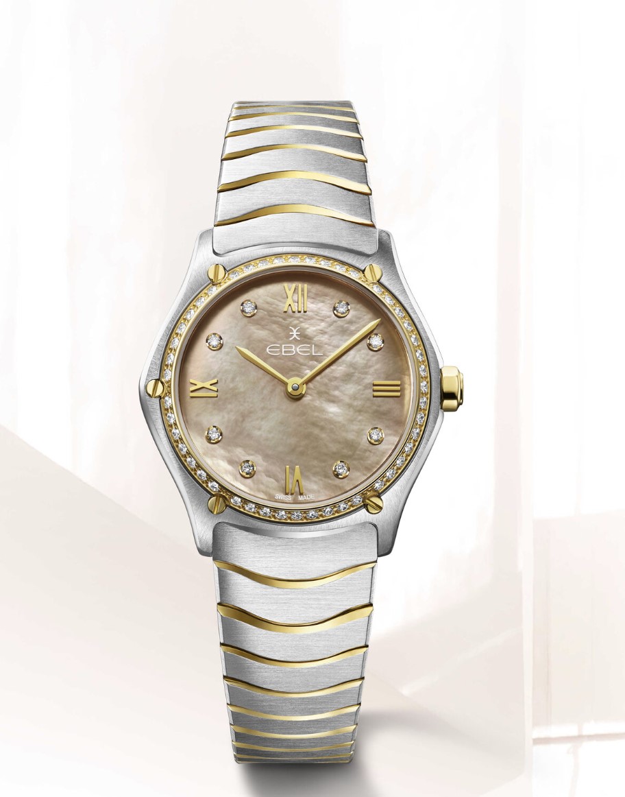 Women's EBEL Sport Classic, Stainless steel and 18K yellow gold case with 47 diamonds (0.3055ct), Ø 29mm, beige mother-of-pearl dial with applied Roman numerals and 8 diamonds (0.052ct), sapphire crystal with antireflective treatment underneath, two-tone stainless steel wave link bracelet with a folding clasp, Swiss quartz movement, water-resistant up to 5 bar