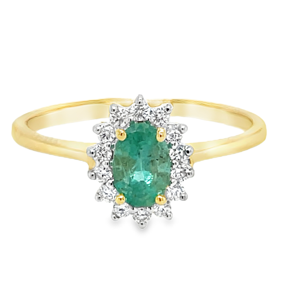 14kt gouden ring met 6x4 smaragd en diamanten