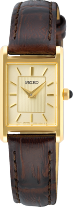 Seiko quarts dames pols horloge model SWR066P1 goudkleurige stalen kast met bruin lederen band. 3 ATM Waterbestendig.