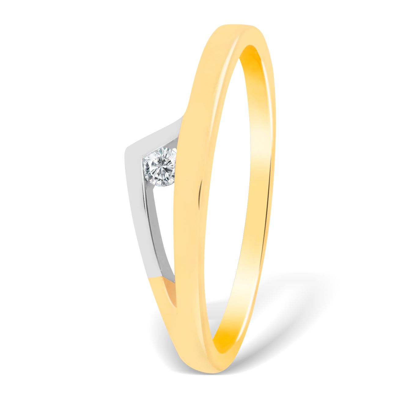 een 14 krt fantasie ring bicolor met een diamant briljant geslepen 0.04 crt H SI.