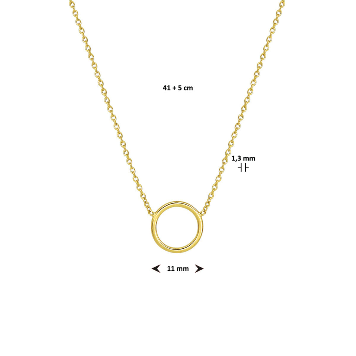 Verguld op 925 zilveren 1.3mm anker collier met lengte van 41cm en een extensie van 5cm uitgevoerd met een opengewerkt rondje van 11mm. Het collier is uitgevoerd met een stevige veerring sluiting. Het collier is ook verkrijgbaar in verguld op zilver en in het zilver. Geen garantie op plating.
