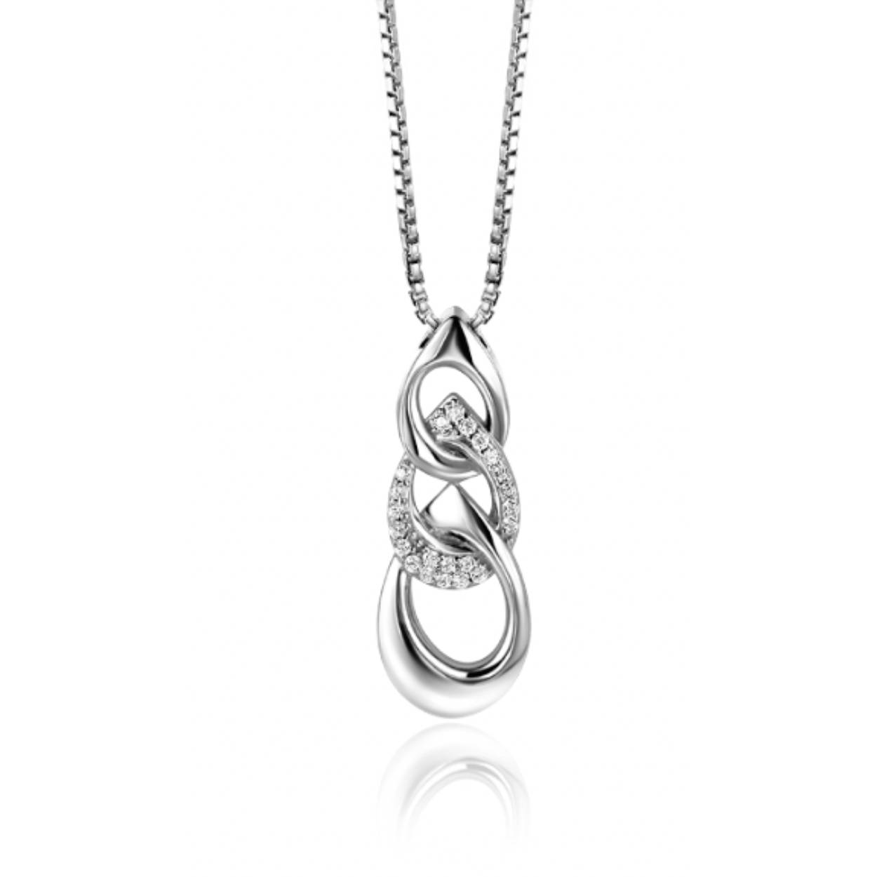 ZINZI zilveren venetiaanse ketting 45cm met elegante hanger (30mm) van drie open peervormige schakels. De middelste schakel is bezet met witte zirconia's. Exclusief ontworpen door mode-ontwerper Mart Visser. De ketting draagt herkenbaar de signatuur van Mart Visser. Vervaardigd van eerste gehalte zilver (925) en met extra rodiumlaag voor een langdurige glans.