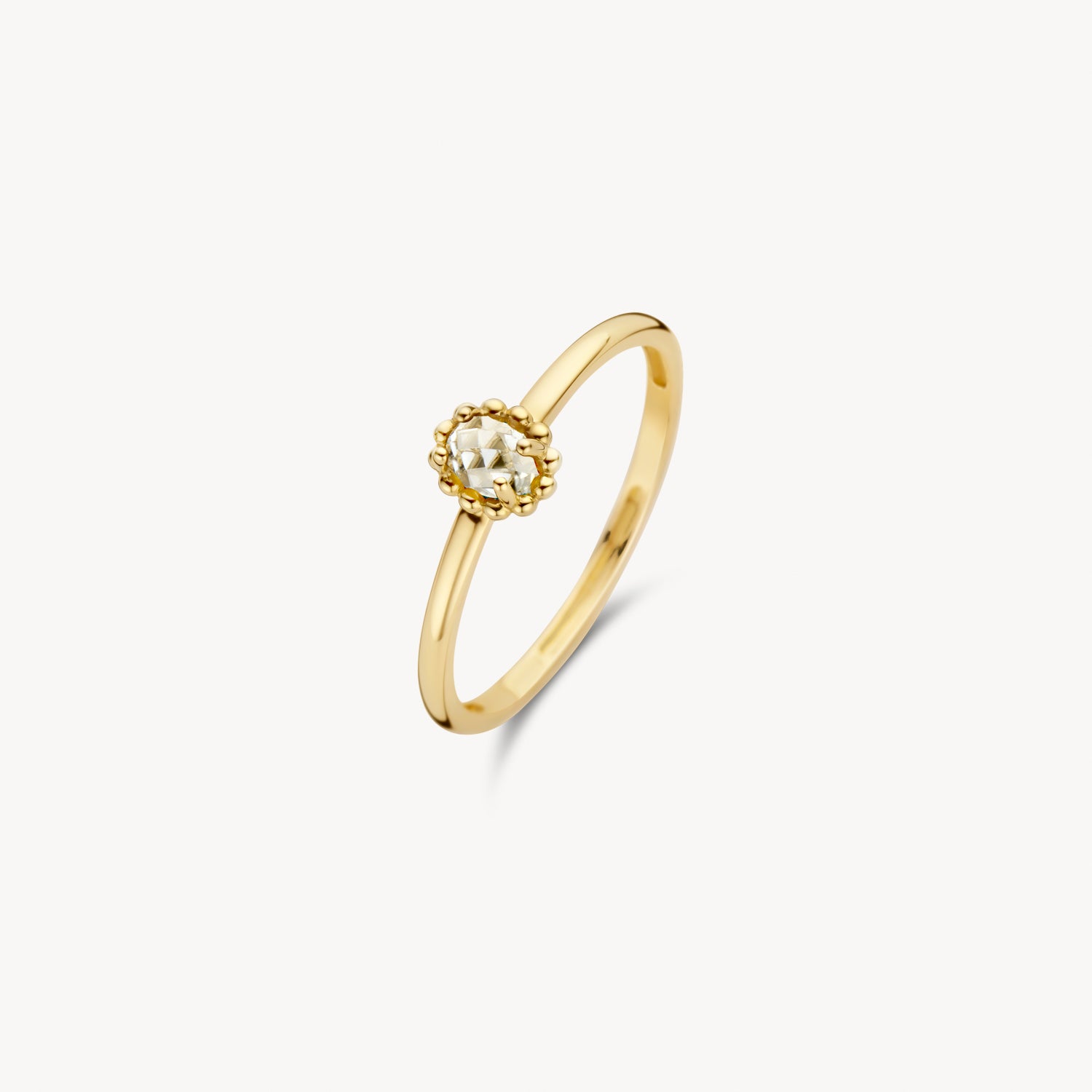 Geelgouden ring, Blush
topaas in bolletjeschaton