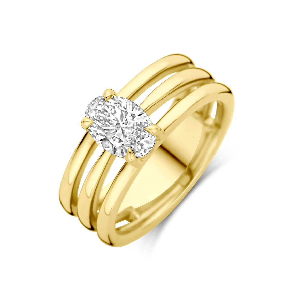 14k Geelgouden ring uitgevoerd met lab grown diamant. De steen heeft een afmeting van 8.5x6mm. Het diamantgewicht is 1.00ct.