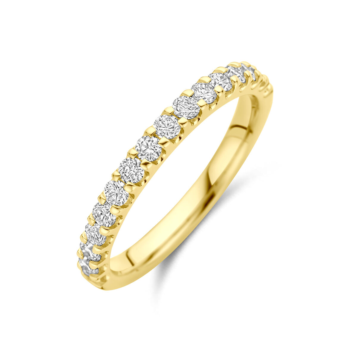 14k Geelgouden ring uitgevoerd met lab grown diamant. De ring heeft een breedte van 2.5mm. Het totale diamantgewicht is 0.51ct. Lab grown diamanten zijn diamanten die ontstaan in een laboratorium. Onder extreem hoge druk en temperatuur wordt het natuurlijk ontstaansproces nagebootst met als eindresultaat een diamant met dezelfde chemische eigenschappen maar met een andere oorsprong.