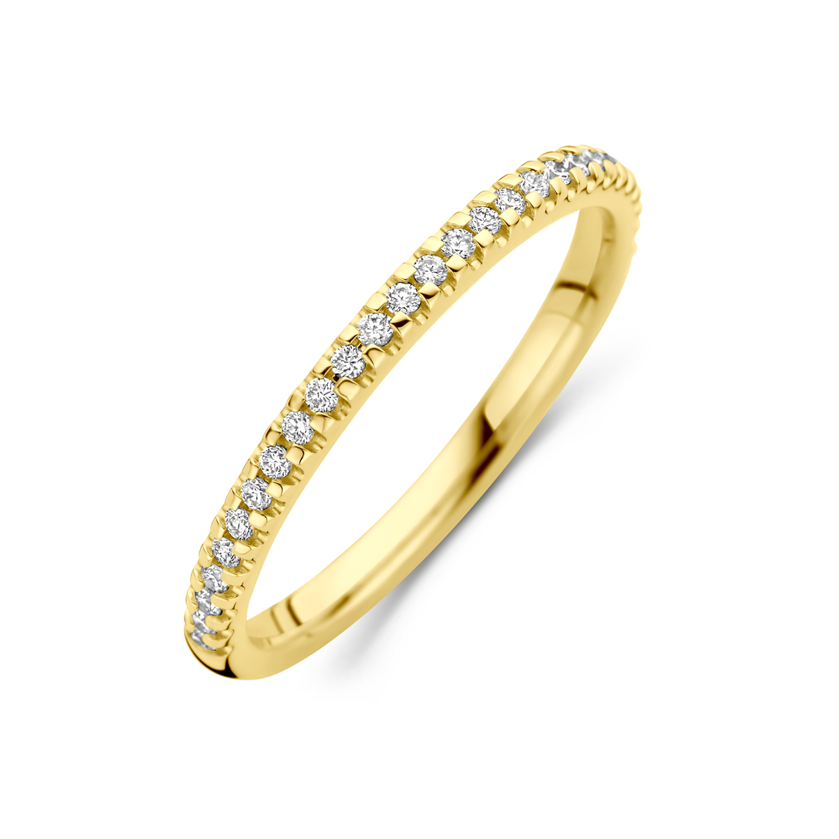 14k Geelgouden ring uitgevoerd met lab grown diamant. De ring heeft een breedte van 1.8mm. Het totale diamantgewicht is 0.15ct. Dit artikel wordt geleverd met certificaat van de diamant.