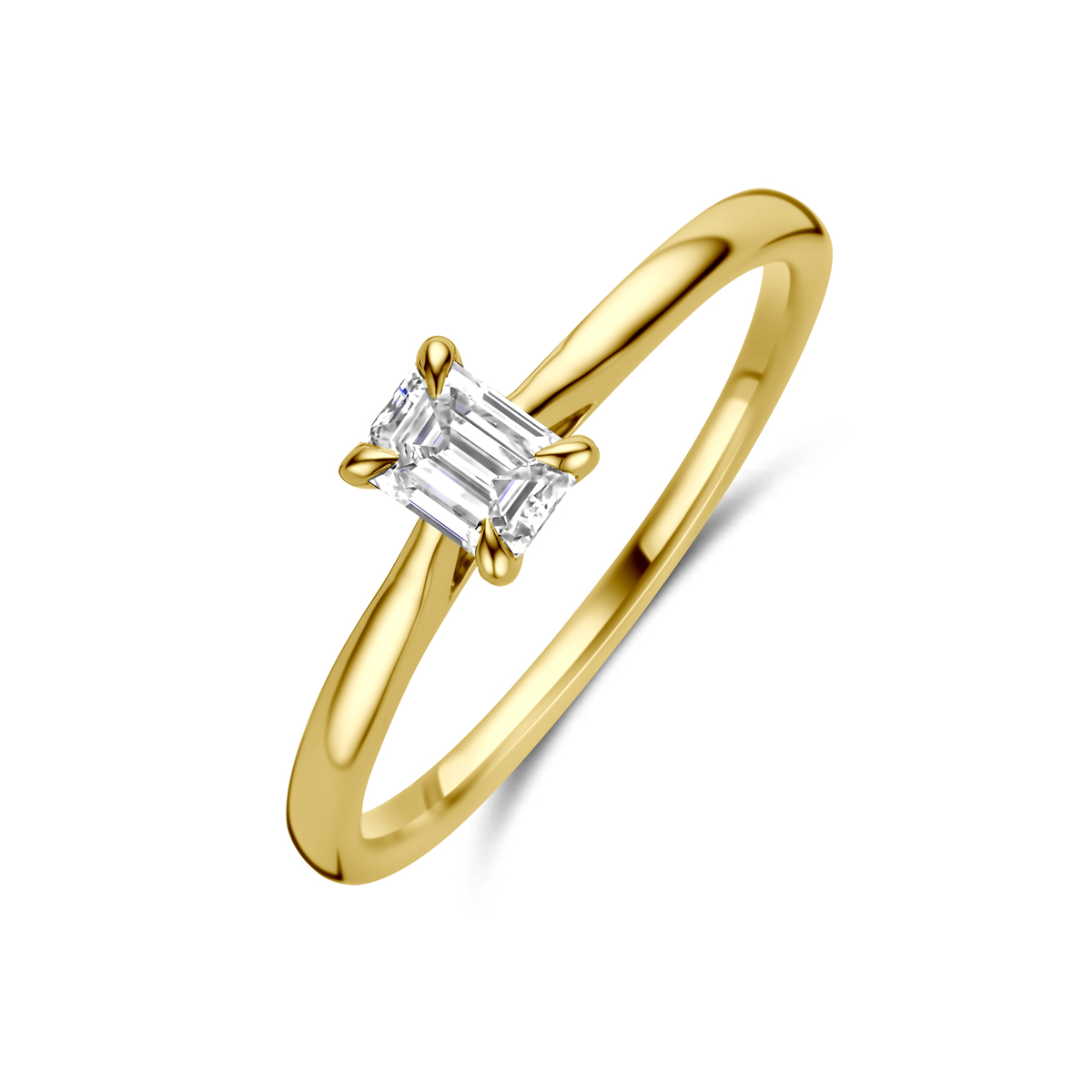 14k Geelgouden ring uitgevoerd met lab grown diamant. De ring heeft een breedte van 6.0mm. Het diamantgewicht is 0.50ct. Lab grown diamanten zijn diamanten die ontstaan in een laboratorium. Onder extreem hoge druk en temperatuur wordt het natuurlijk ontstaansproces nagebootst met als eindresultaat een diamant met dezelfde chemische eigenschappen maar met een andere oorsprong.