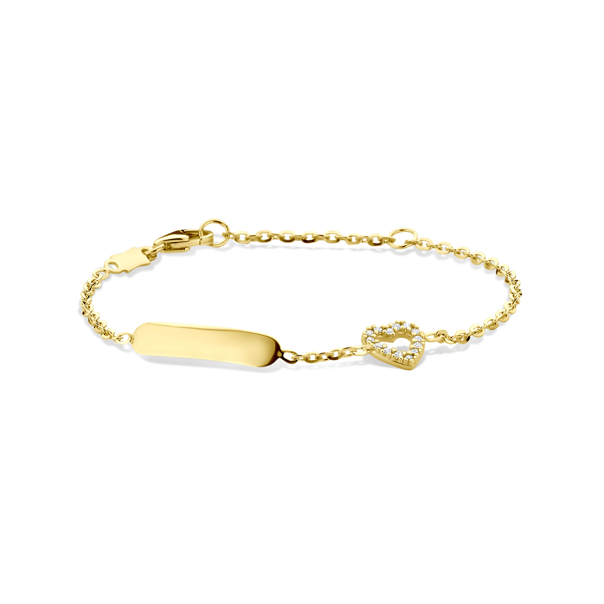 14k Geelgouden graveerarmband uitgevoerd met een hartje en zirkonia. De armband heeft draaglengtes van 11-13cm en de graveerplaat heeft een afmeting van 3.5x17mm.