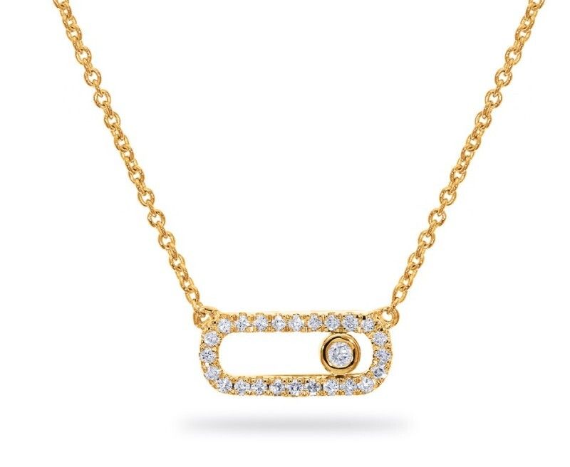 een 14 krt geelgouden collier waartussen een ovaaltje met 25 diamantjes briljant geslepen totaal 0.07 Crt H SI