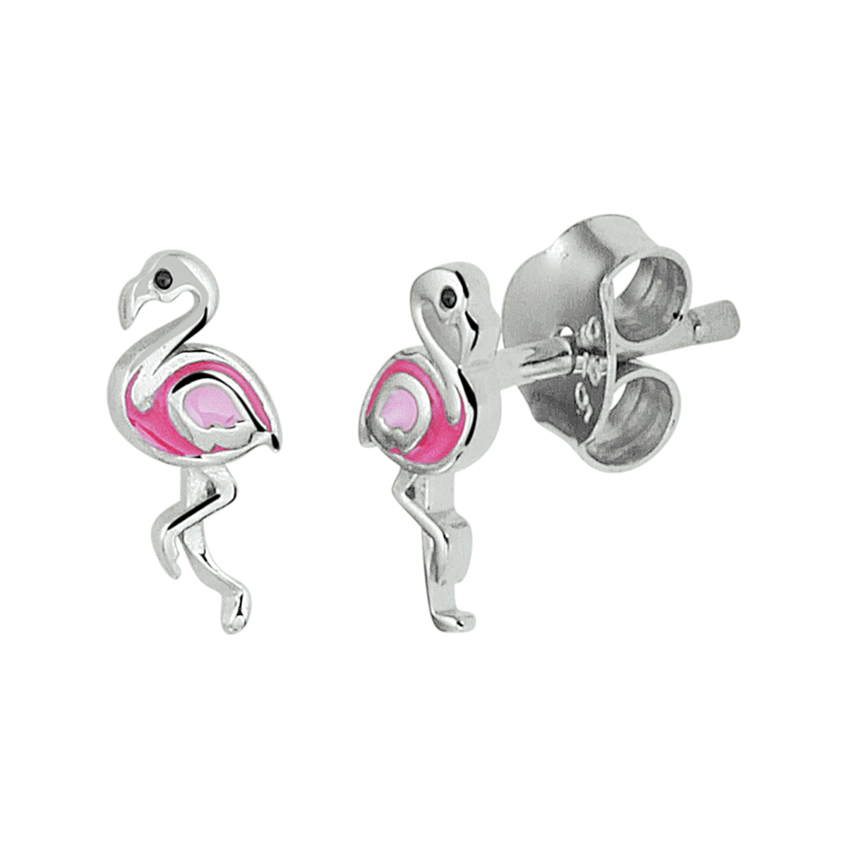 Schattige gerhodineerd zilveren oorknoppen met roze emaille in de vorm van een flamingo. De oorknoppen hebben een afmeting van 8.5x4.5mm en zijn uitgevoerd met een stevige pouchette sluiting. Tip: Meisjes houden van roze! Dus leuk om kado te doen aan een leuke meid die wil stralen met mooie sieraden. Info: Gerhodineerd zilver is door de rhodiumlaag beter bestand tegen verkleuren en krassen.