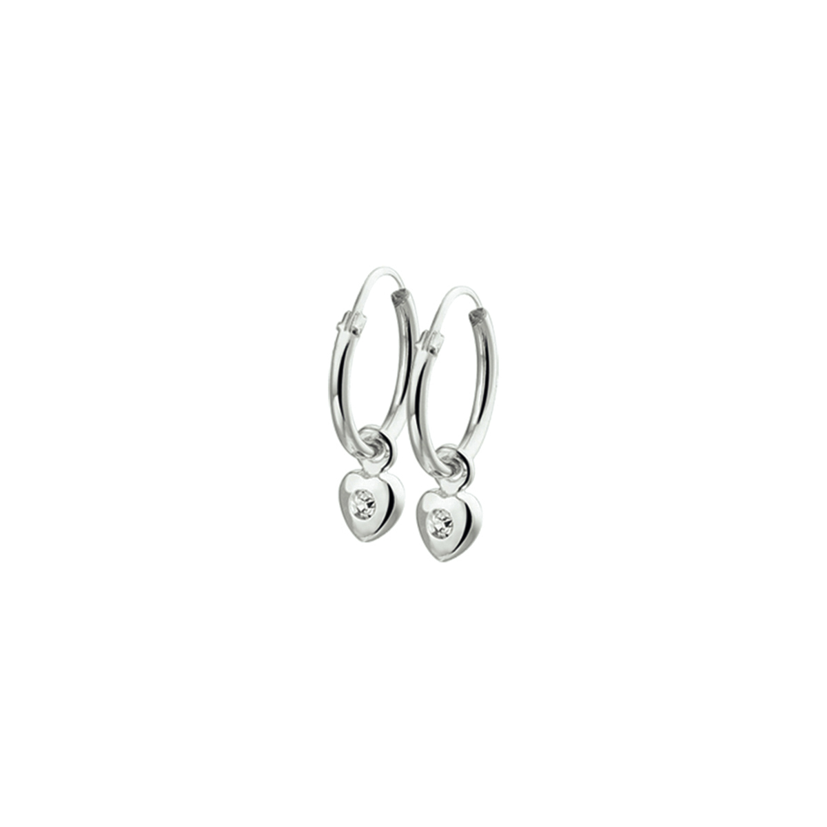 Gerhodineerd 925 zilveren oorringen uitgevoerd met een hartjes hanger voorzien van zirkonia. De oorringhangers hebben een afmeting van 12x5.1mm.