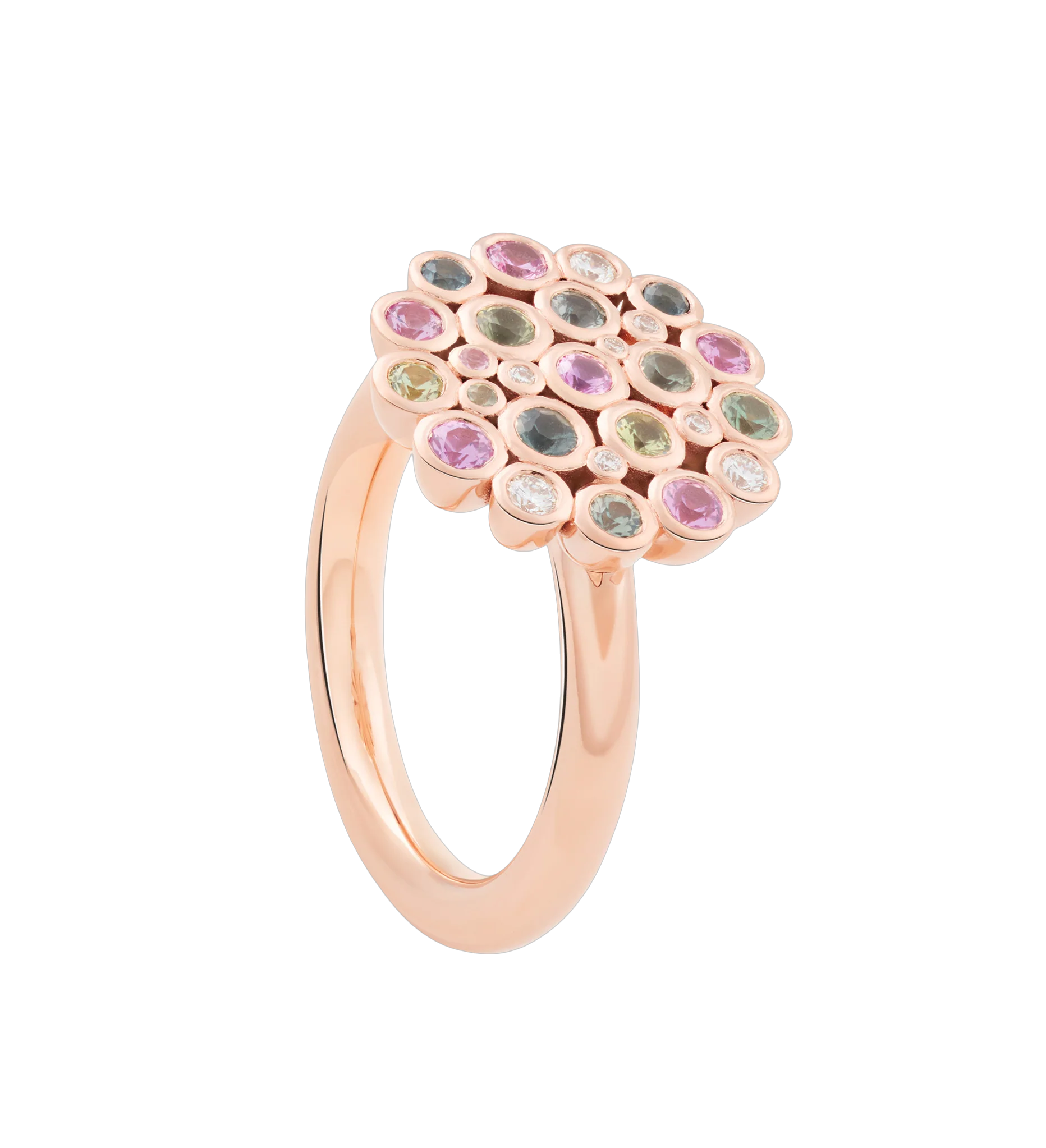 Een 18 krt rosegouden ring van Bron model Confetti, mini terazzo met diverse saffiertje en diamantjes briljant geslepen 0.12 crt.