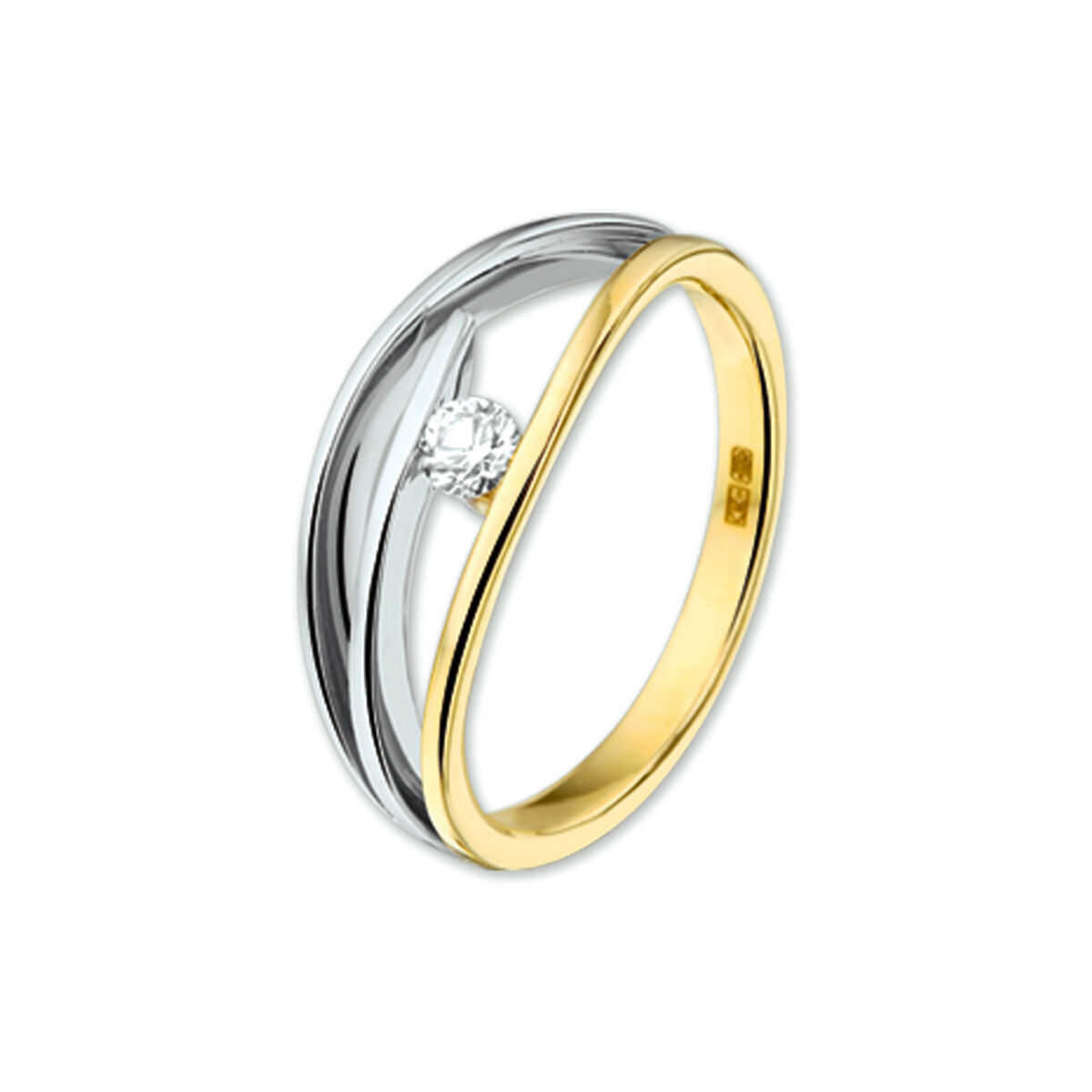 Bicolor wit- en geelgouden ring met zirkonia.