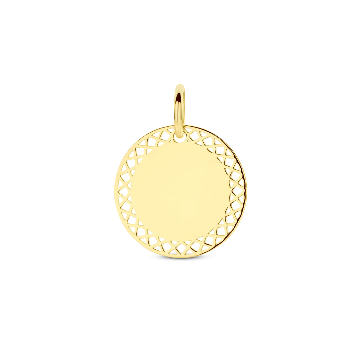 14k Geelgouden graveerhanger met een diameter van 16mm en een dikte van 0.6mm.