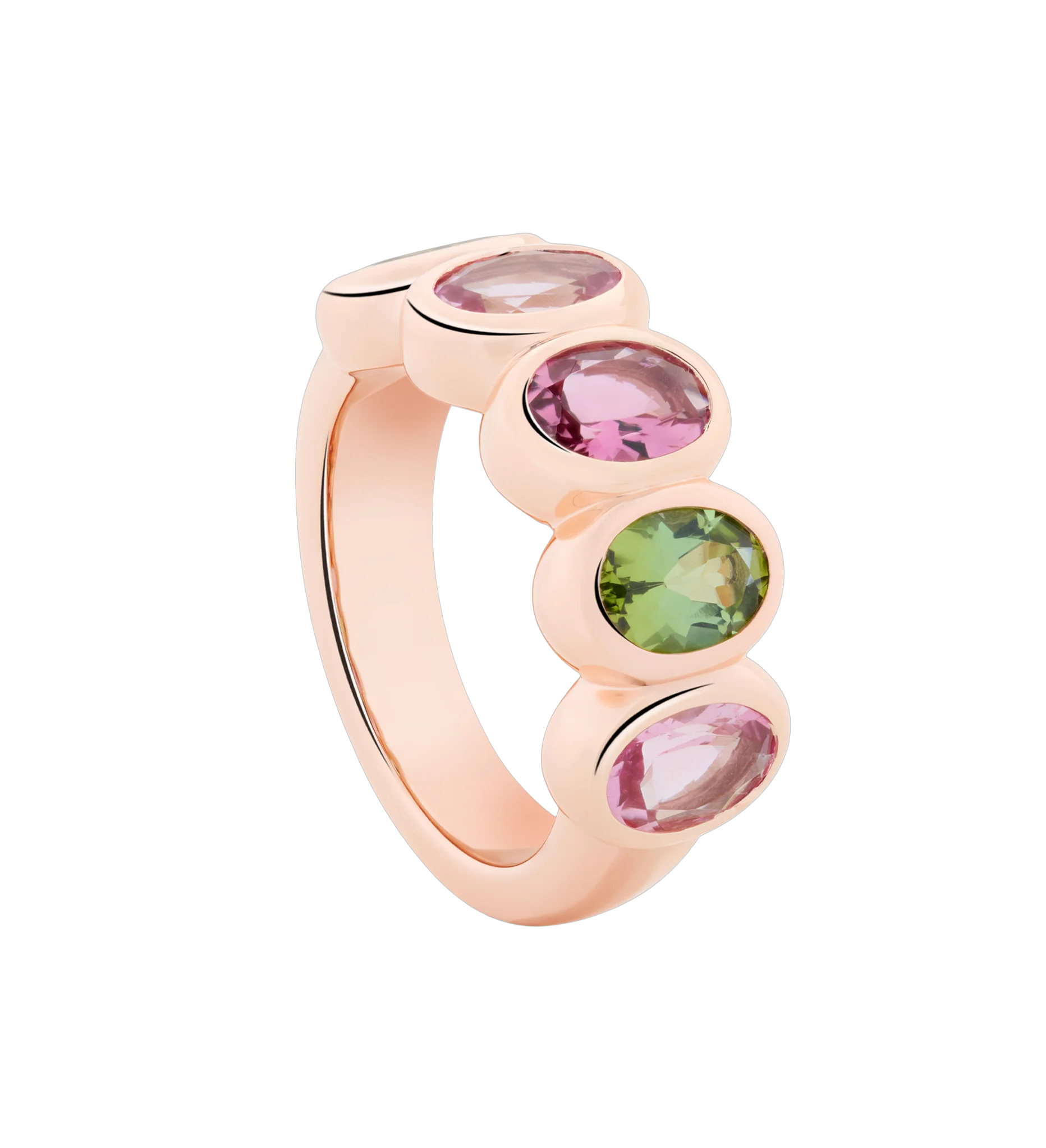 Een 18 krt rose gouden ring van Bron model Sushi met 5 ovale facet geslepen in verschillende kleuren toermalijnen.