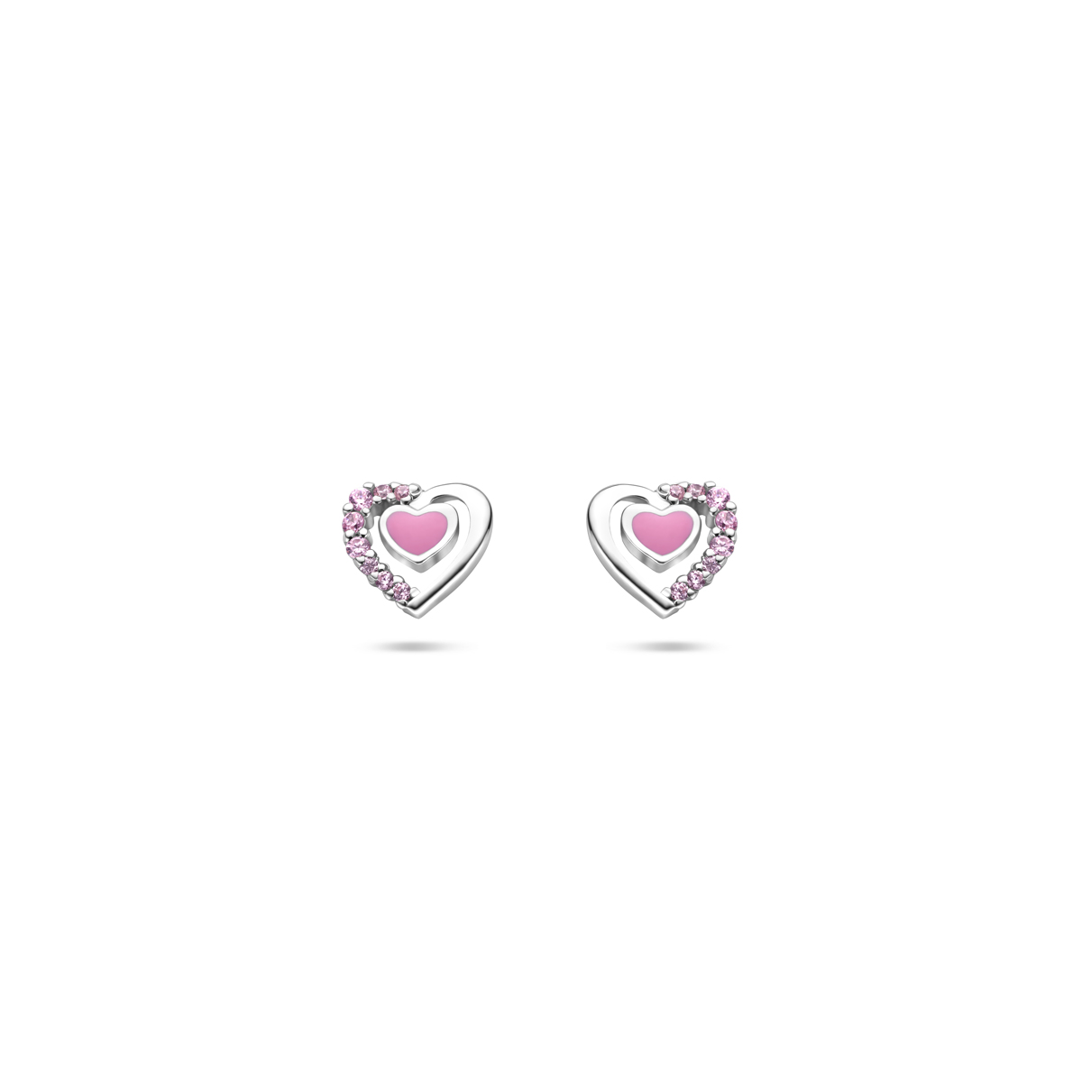 Gerhodineerd 925 zilveren oorknoppen uitgevoerd met hartjes en roze zirkonia. De oorknoppen hebben een afmeting van 6x6.5mm.