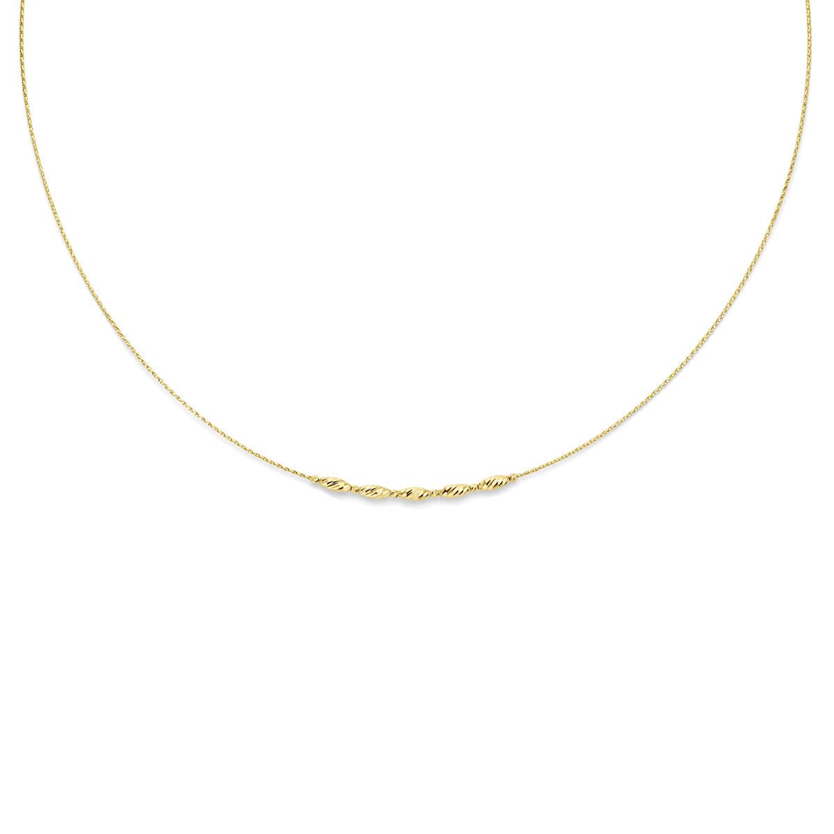 14k Geelgouden collier met een draaglengte van 4cm een extensie van 4cm. Uitgevoerd met karabijnsluiting.