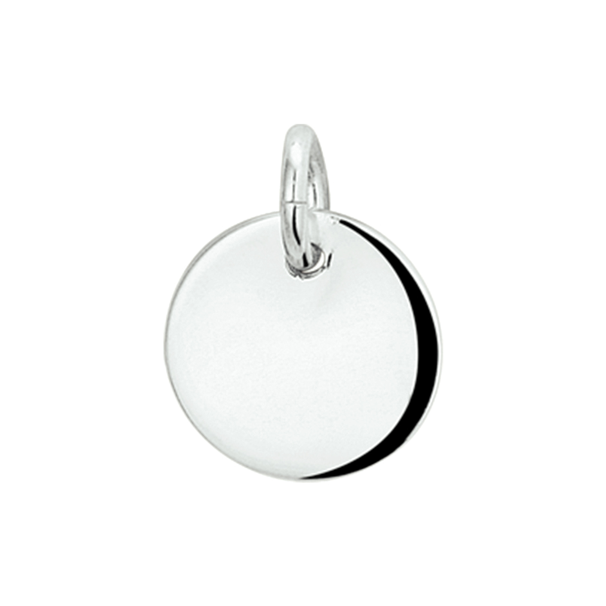 Gerhodineerd zilveren ronde graveerhanger met een diameter van 12.5mm uitgevoerd met een stevig hangoog. De hanger heeft een dikte van 0.9mm.