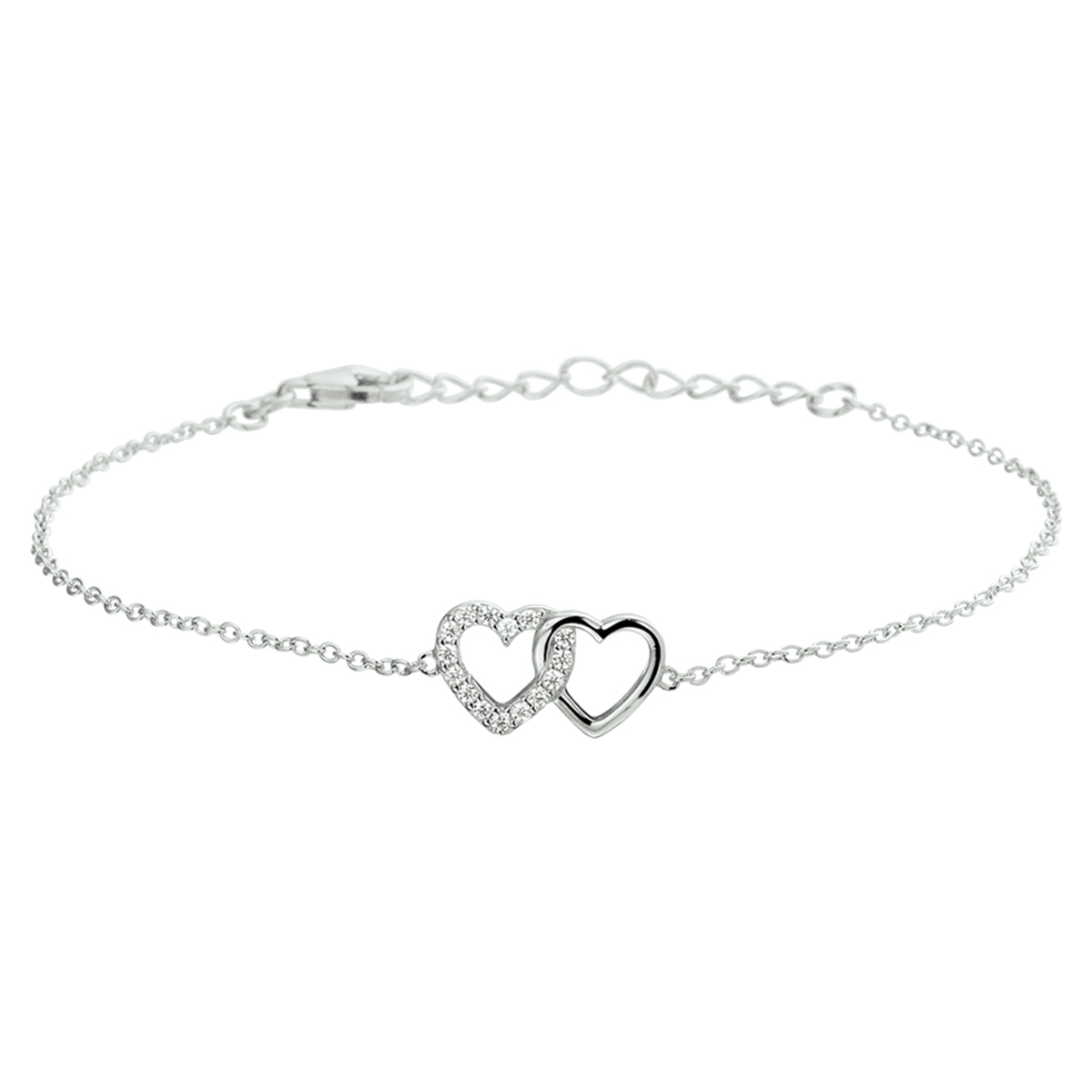 zilveren armband, 2 hartjes +pave zirconias
