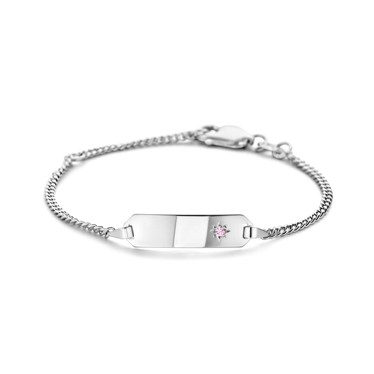 Zilveren graveerarmband met een roze zirkonia, gourmetschakel
Doelgroep: kinderen

Breedte: 20
Kortste lengte: 11
Langste lengte: 13
Hoogte: 5