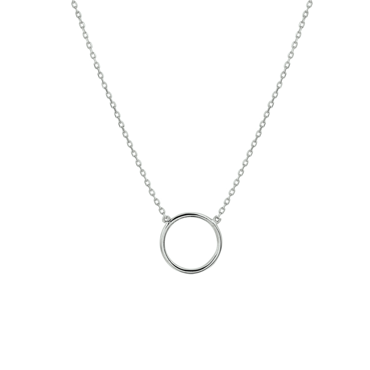 14k Witgouden collier uitgevoerd met een hanger in de vorm van een rondje. Het collier heeft draaglengtes van 40, 42 en 44cm. Het rondje heeft een diameter van 9.5mm.