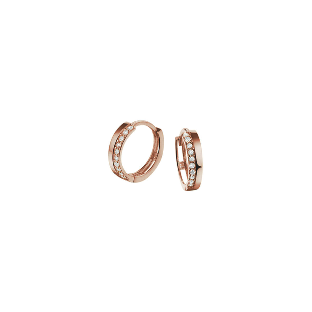 14k Rosegouden klapoorringen uitgevoerd met een schitterende zirkonia rij. De oorringen hebben een afmeting van 12x2.5mm.