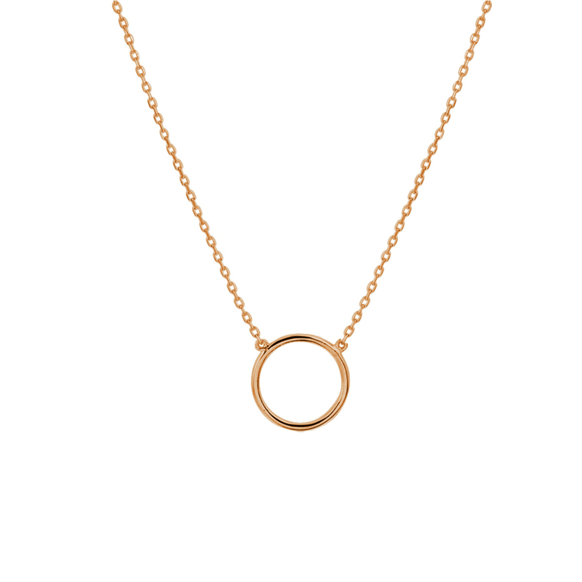 14k Rosegouden collier uitgevoerd met een hanger in de vorm van een rondje. Het collier heeft draaglengtes van 40, 42 en 44cm. Het rondje heeft een diameter van 9.5mm.