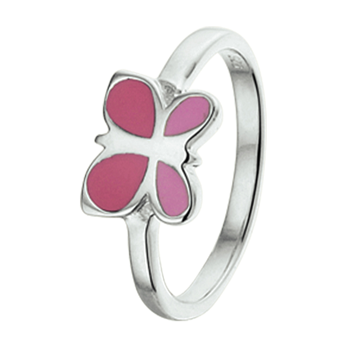 Gerhodineerd zilveren vlinder ring uitgevoerd met rood en roze emaille. De ring is er in verschillende maten en heeft een breedte van 9mm. U kunt deze ring combineren met bijpassende sieraden uit onze collectie.