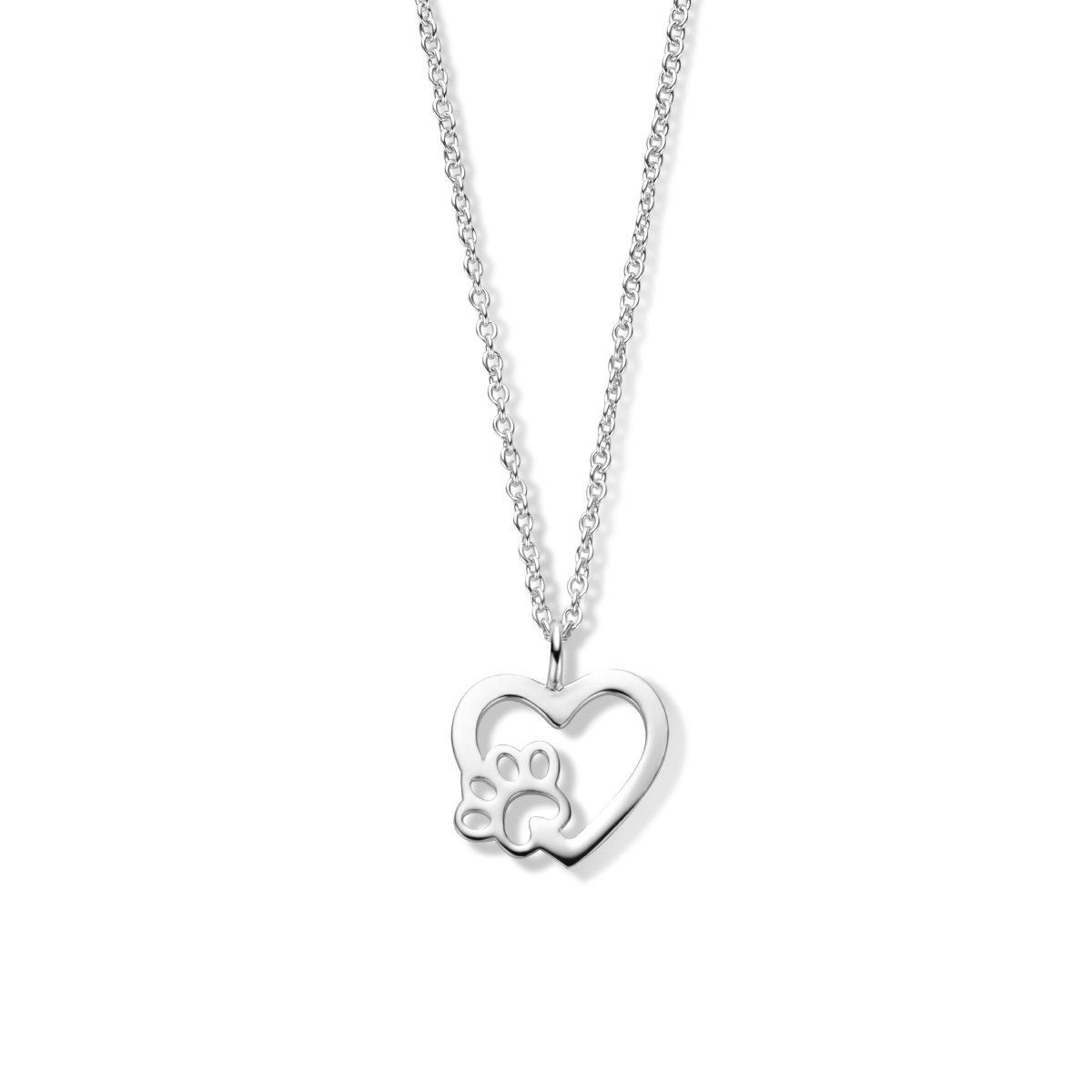 Gerhodineerd 925 zilveren collier uitgevoerd met een hart en een hondenpoort daarin. Het collier heeft een schakelbreedte van 1.2mm en is uitgevoerd met karabijnsluiting. De draaglengte is 41cm met een extensie van 4cm.