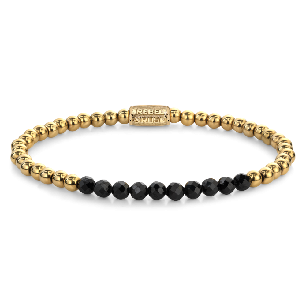 Armband van het merk Rebel & Rose. De armband heeft een hoogwaardige elastische stretch koord, met 4mm van Black Spinel, RVS ion-gold plated.
