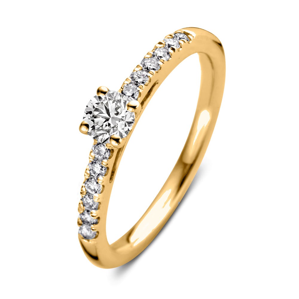 Ring Mary is een absoluut plaatje om te zien. Deze moderne klassieker bevat een prachtige briljant in vierpootszetting omgeven door fijnere briljanten in de scheen. Dankzij de open zetting vangt de diamant veel licht enschittert hij optimaal. Mary is prachtig te combineren met een gladde of diamanten rijring. Probeer haar voor extra sparkle bijvoorbeeld eens samen metring Millie.

Kies zelf de gewenste steengrootte van jouw diamanten. Ring Mary isin verschillende matenverkrijgbaar.



