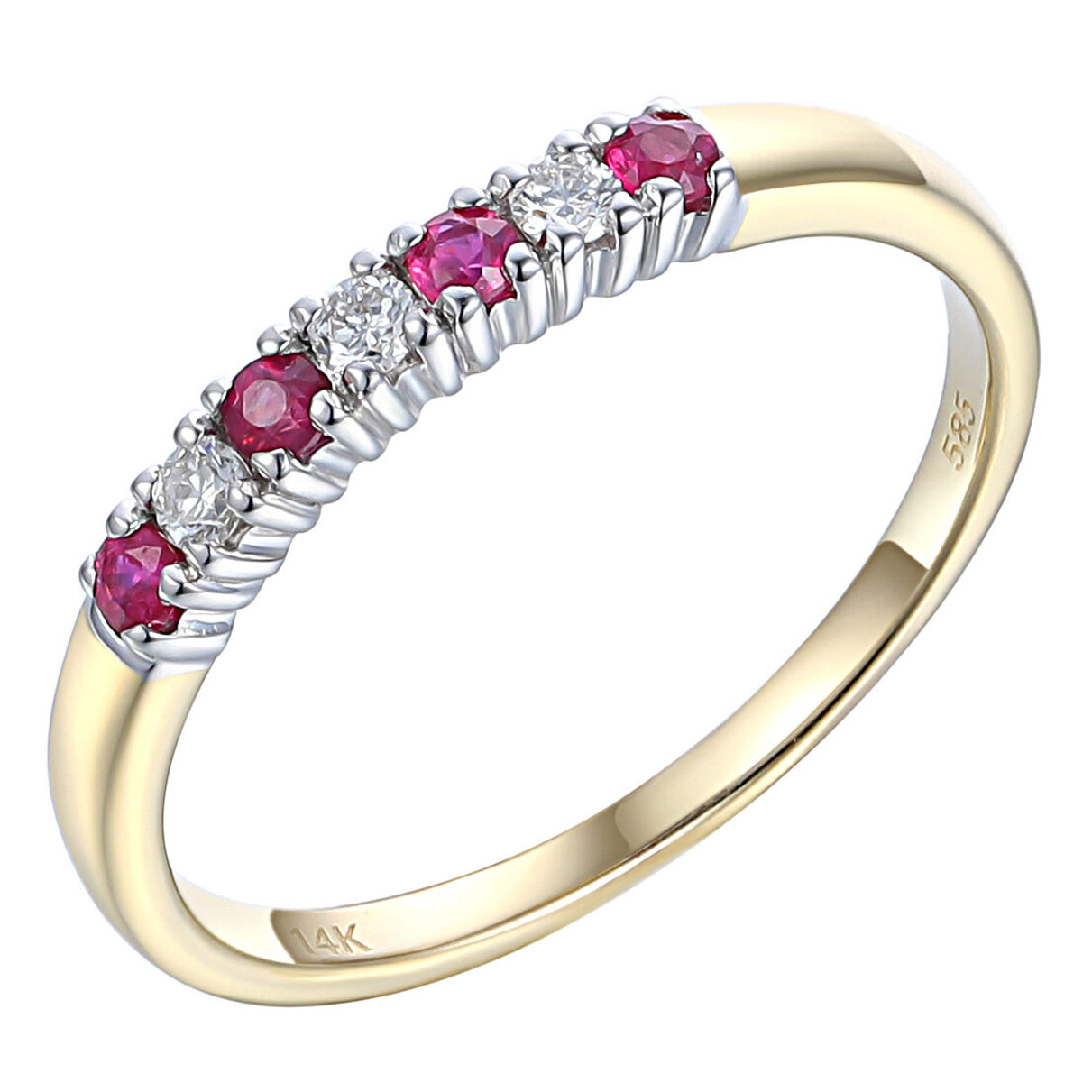 Een 14 krt geelgouden ring met 3 diamant stenen briljant geslepen totaal 0.06 crt Si H en 4 robijn stenen totaal 0.027 crt.