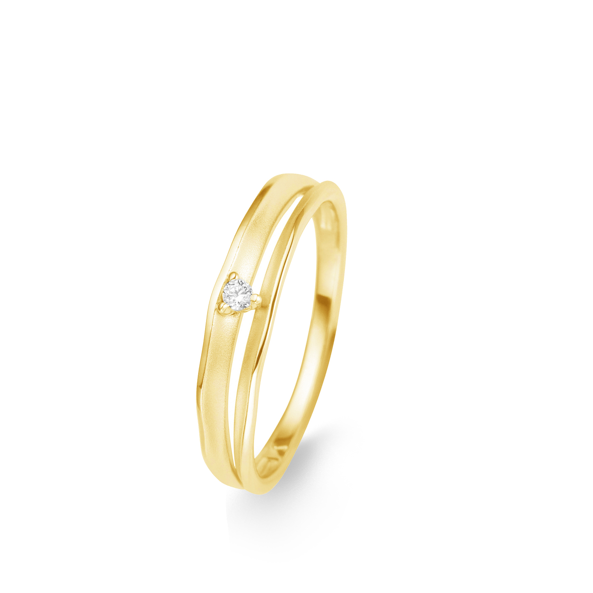 Deze prachtige 18 karaat gouden ring, modelnummer 069454/A, is voorzien van een briljant van 0,03ct. De ring, met maat 54, heeft een verfijnde gouden kleur die mat is afgewerkt.