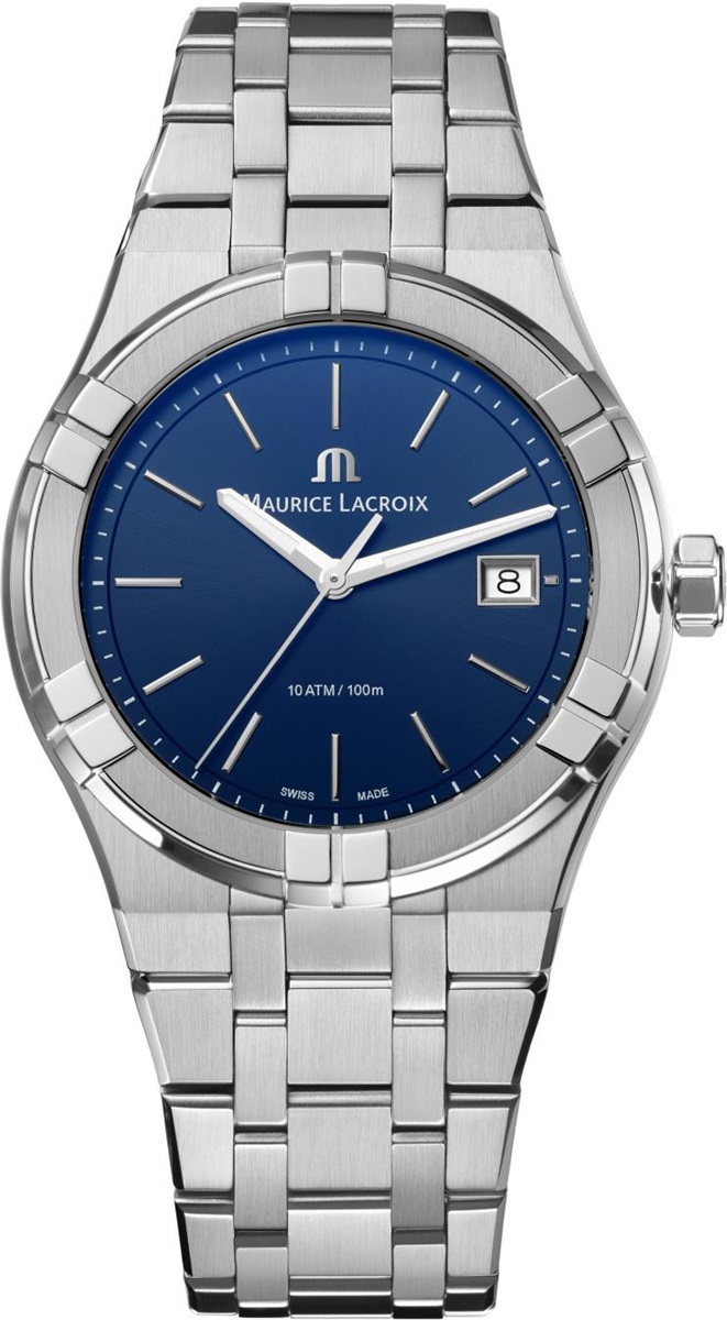 **Kenmerken**: De MAURICE LA CROIX AIKON DATE (modelnummer AI1108-SS002-430-1) is een elegante polshorloge met een zilverkleurige roestvrijstalen band en kast. Het beschikt over een blauwe wijzerplaat met streepindexen, saffierglas, een datumfunctie, en een quartz uurwerk. Het horloge is waterbestendig tot 5 ATM.  
  
**Draagadvies**: Combineer dit horloge met zowel formele als casual outfits voor een tijdloze en verfijnde look.