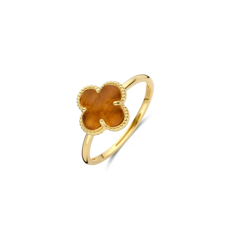 Blush geelgouden ring met tijgeroog in vorm van een klaver
