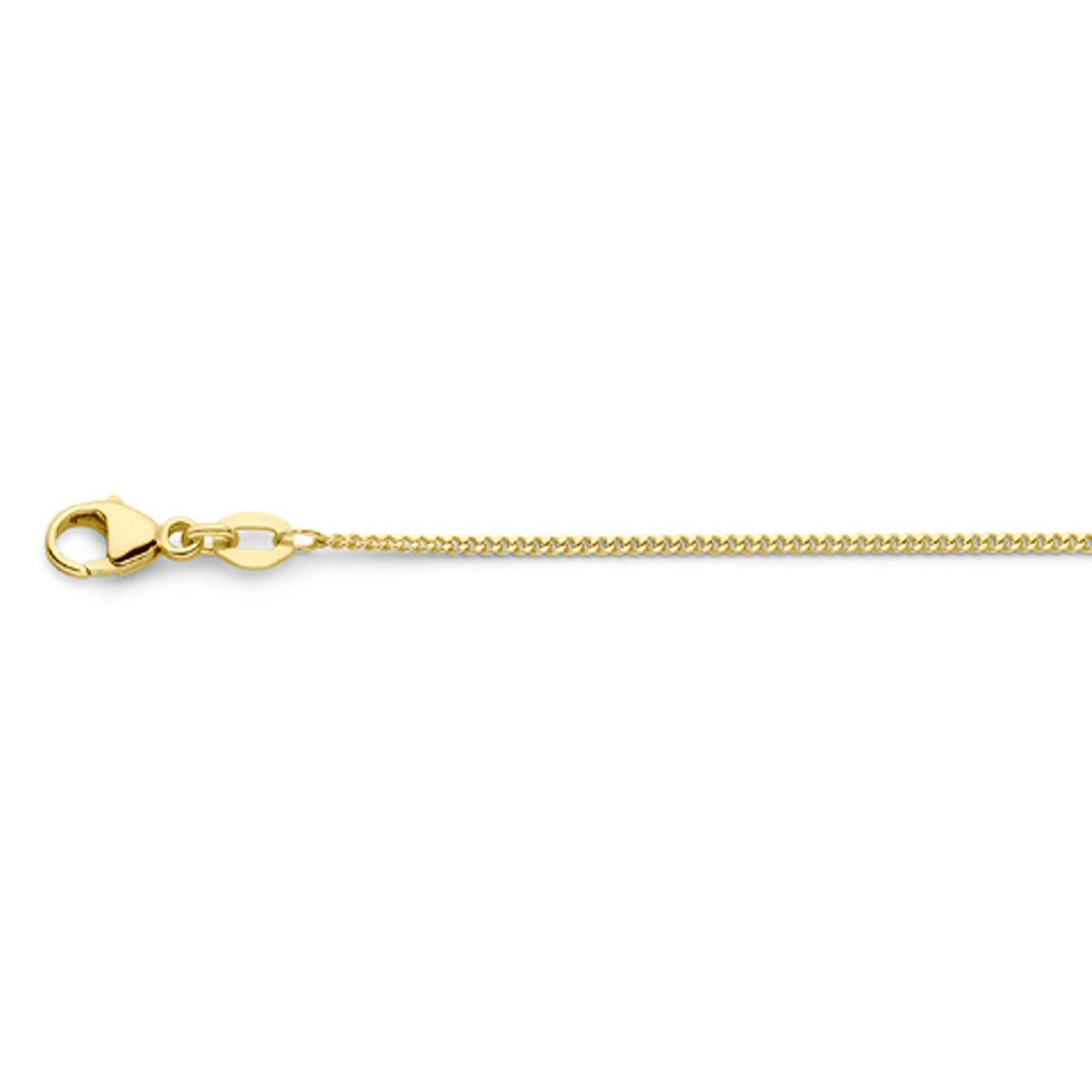 14k Geelgouden gourmette collier met een karabijn sluiting. Het collier heeft draaglengte van 38cm. De schakelbreedte is 1.2mm.
