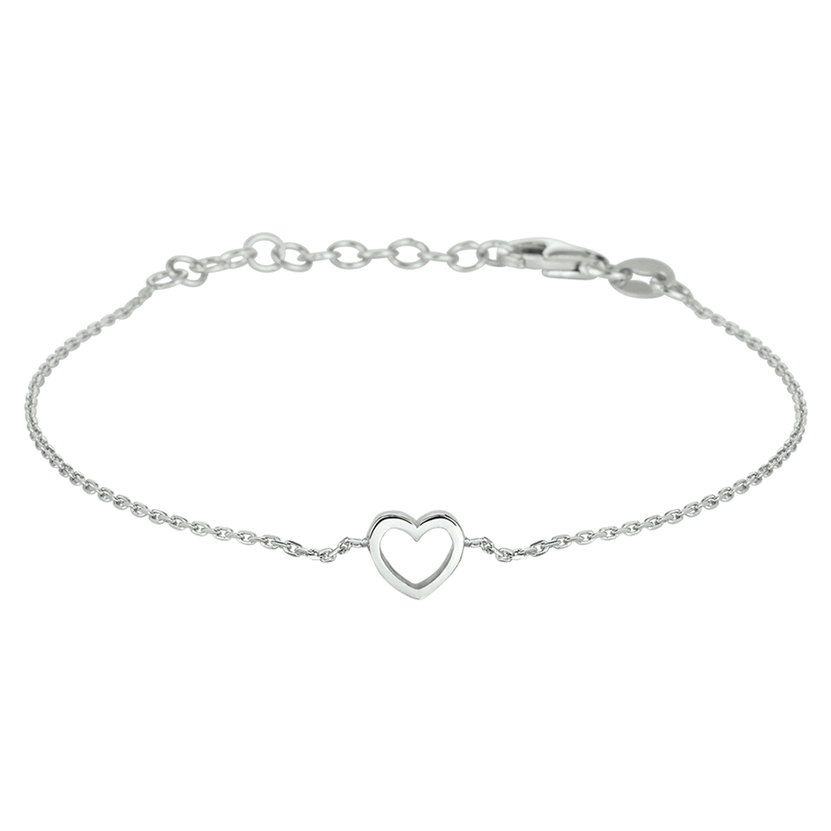 Gerhodineerd zilveren armband met een open hart van 6x7mm. De armband heeft een draaglengte van 15cm met een extensie van 3cm en is uitgevoerd met een stevige karabijn sluiting. De schakelbreedte bedraagt 1.0mm. Tip: Combineer deze armband met bijpassende hartjes sieraden uit onze collectie.
