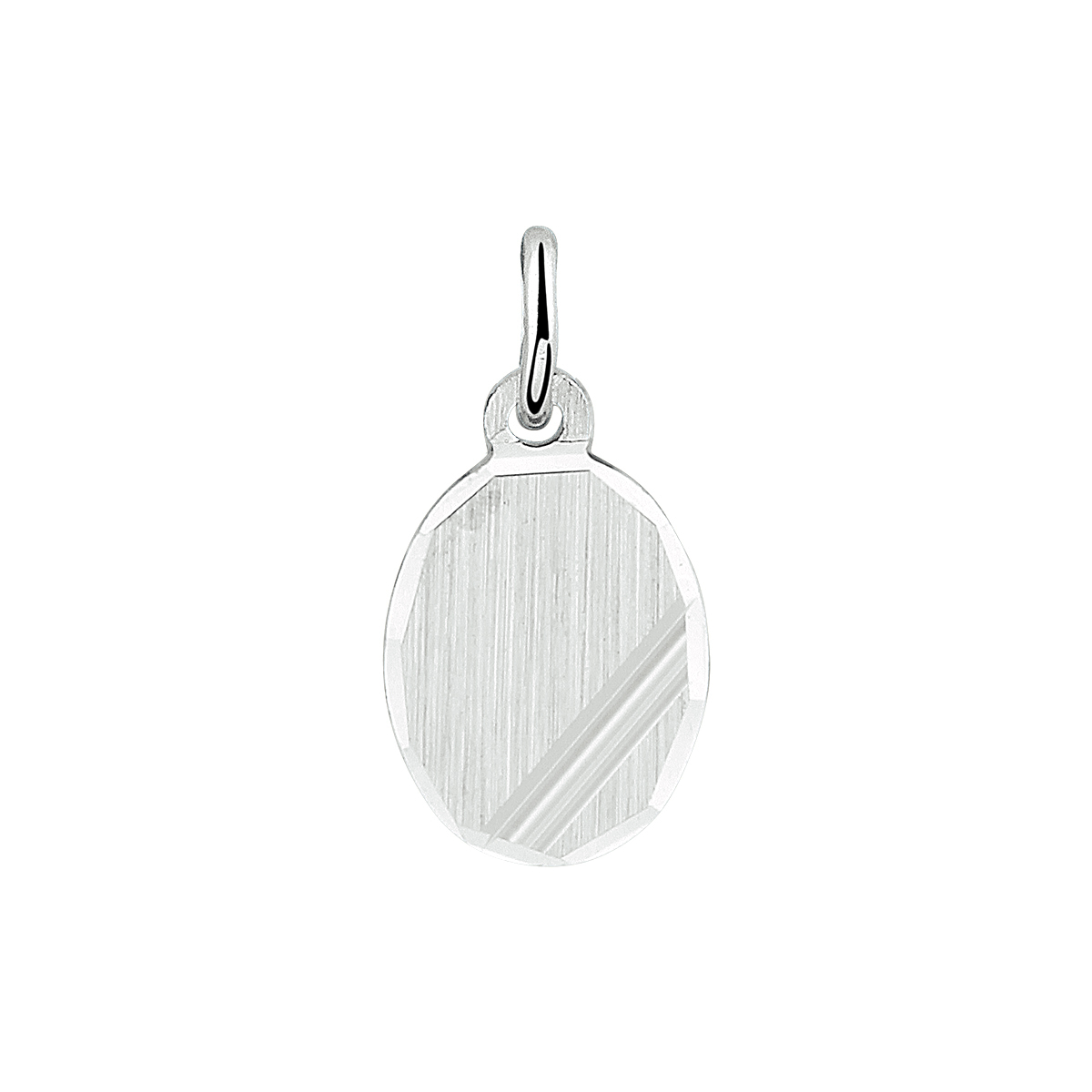 Gerhodineerd 925 zilveren ovale graveerhanger met een mat/gediamanteerde afwerking. De hanger heeft een totale hoogte van 1.4cm, een breedte van 7.5mm en een dikte van 0.6mm.