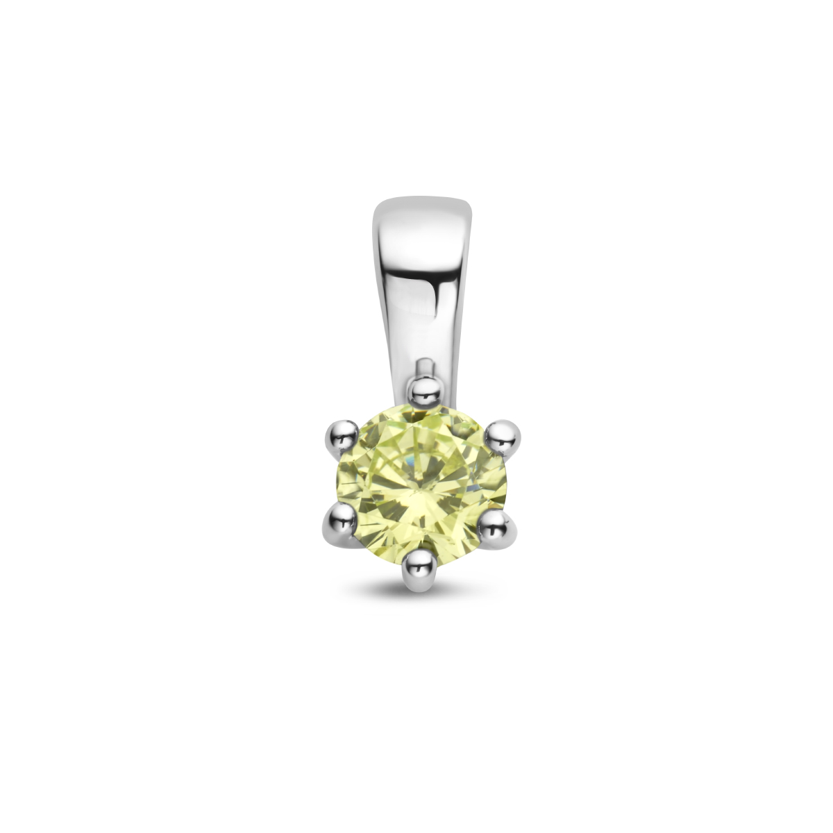 Gerhodineerd 925 zilveren hanger met geboortesteen uitgevoerd met een synthetische geboortesteen. De hanger heeft een afmeting van 10x5mm.
peridot-groen augustus.