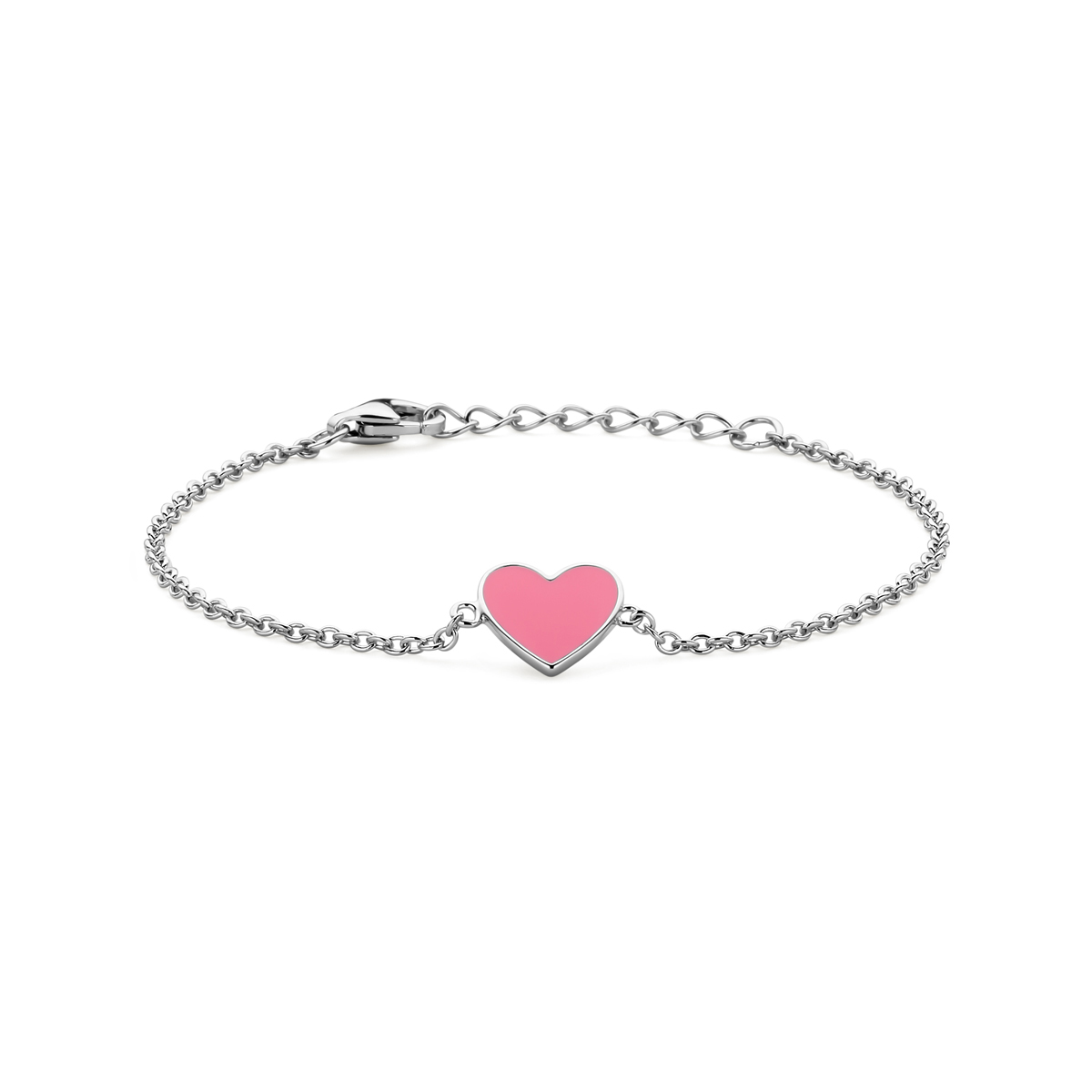 Gerhodineerd 925 zilveren armband uitgevoerd met een hart en roze emaille. De armband heeft een draaglengte van 13cm met 2cm extensie. Uitgevoerd met karabijn sluiting. De schakelbreedte is 1mm.